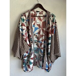 Graphic Patchwork Satin Kimono Robe - Brown & Multi